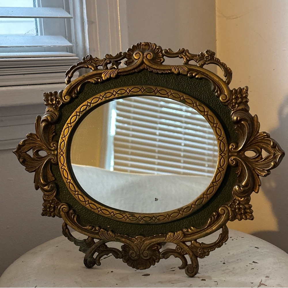Antique MIRROR Baroque French vanity free standing solid Brass with green detail - Picture 14 of 16